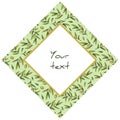 Diamond-shaped frame with green foliate olive branches.